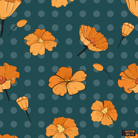 Vector image. Seamless pattern with orange flowers on a blue background.のイラスト素材