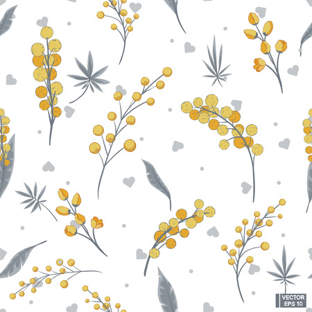 Vector image. Seamless floral background. Yellow flowers with grey leaves on a white background.のイラスト素材