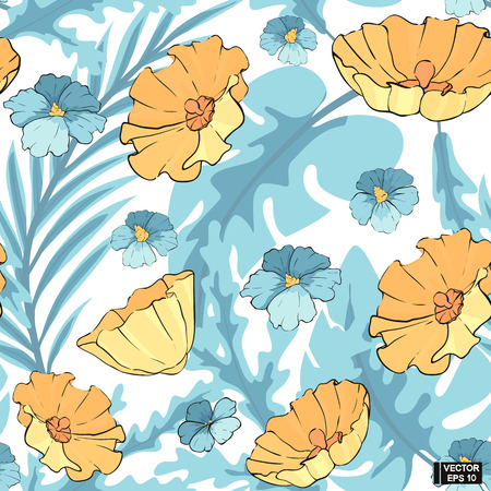 Vector image. Seamless floral background. Yellow and blue tropical flowers with blue leaves on a white background.のイラスト素材