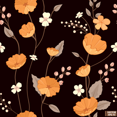 Vector image. Seamless floral background. Brightly orange flowers with brown leaves on a black background.のイラスト素材