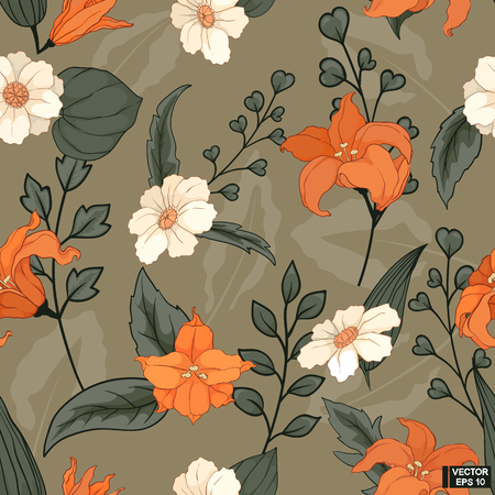 Vector image. Orange and white flowers, seamless pattern. Abstract background in sepia with flowers.のイラスト素材
