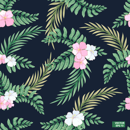 Vector image. Abstract seamless pattern. Light pink flowers with green leaves on a dark background.のイラスト素材
