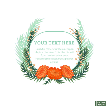 Vector illustration. Greeting card with a orange flowers and green leaves. Frame for text with flowers on a white background.のイラスト素材