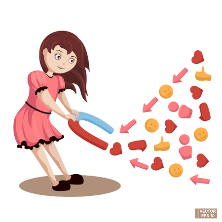 Vector image. Social Media Marketing Solution. Business concept for attracting new followers and customers. A cartoon girl with a large horseshoe magnet attracts likes and followersのイラスト素材