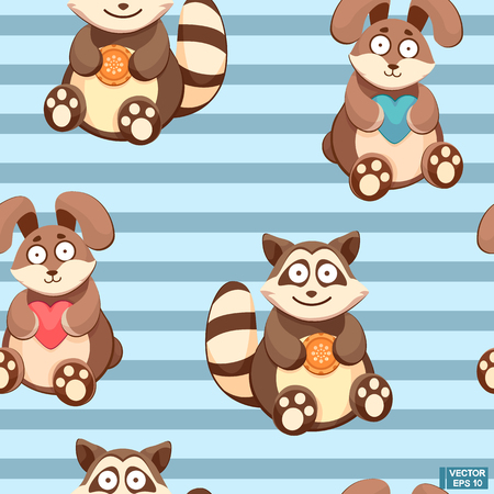 Vector image. Seamless pattern of baby animals for your design. Bunny and raccoon on a blue background. Simple cartoon images for children.のイラスト素材