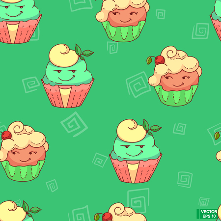 Vector image. Seamless pattern with cupcakes and muffins. cartoon characters cupcakes on a green background.のイラスト素材