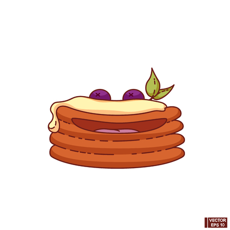 Vector image. Funny pancake breakfast character, cartoon illustration isolated on white background. Funny smiling pancake character.のイラスト素材