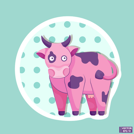 Vector Illustration.Cute pink spotted cow, farm animal cartoon character on a blue backgroundのイラスト素材