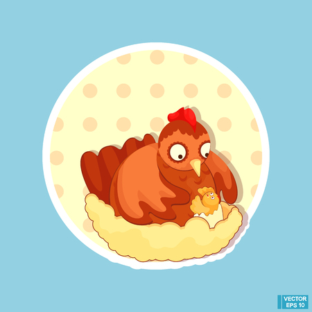 Vector Illustration. Cute brown chicken with chick, farm animal cartoon character on a blue background.のイラスト素材