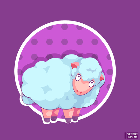 Vector Illustration. Cute blue little sheep, farm animal cartoon character on a lilac background.のイラスト素材