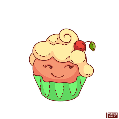 Vector Illustration. Cute cartoon muffin. Funny character on a white background. Pink sweet cupcakeのイラスト素材