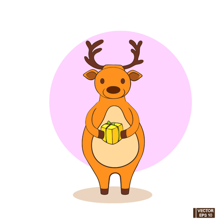 Vector image. Christmas icon with a deer. artoon character is a deer with a gift.のイラスト素材