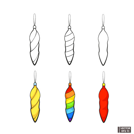 Vector Image. Christmas Outline Icons. Elements of celebration decor. Christmas decorations cartoon,set of contours and colored toys.のイラスト素材