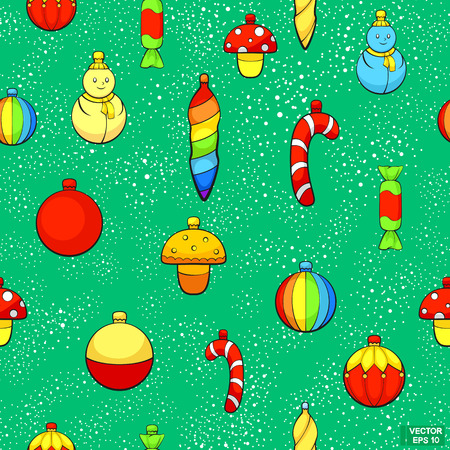 Vector image. Seamless Christmas pattern. Christmas toys on a green background with white dots - snowflakes.のイラスト素材