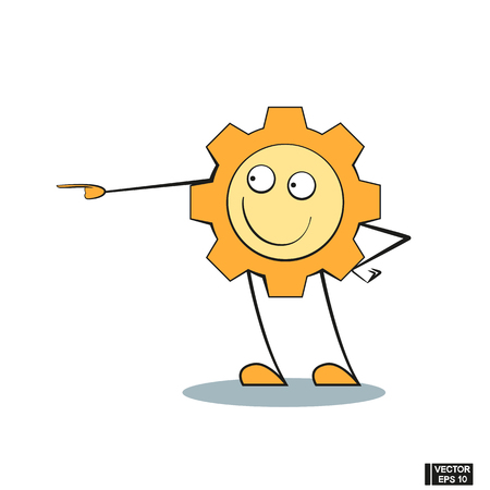 Vector image. Icon emoji on the theme technology. Cartoon funny gear - pleased, points with his finger.のイラスト素材