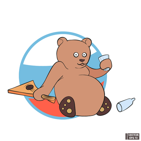 Vector image. Icon stereotypes about Russia. Funny cartoon bear with vodka and balalaika.のイラスト素材