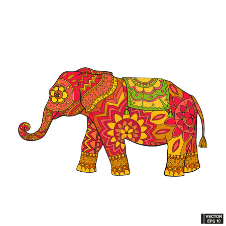 Vector image. The elephant icon is a symbol of India. Colored elephant in floral patterns.のイラスト素材