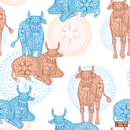 Vector image. Seamless pattern with Indian motifs. Sacred cows on a background of floral patterns and ornaments.のイラスト素材