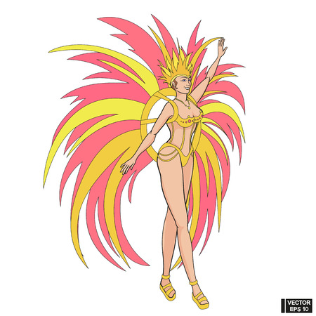 Vector image. Brazilian girl in bright costume with pink and yellow feathers. Carnival in Rio de Janeiro.のイラスト素材