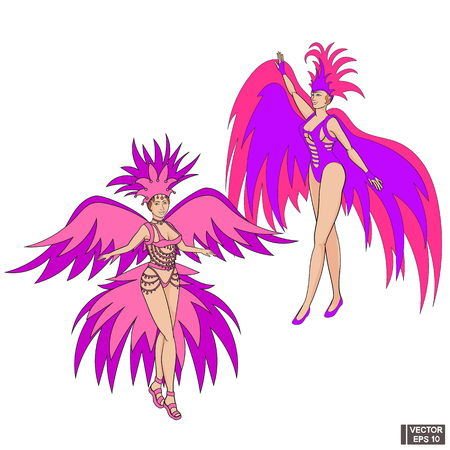 Vector image. Brazilian girl in bright costume with pink and yellow feathers. Carnival in Rio de Janeiro.のイラスト素材