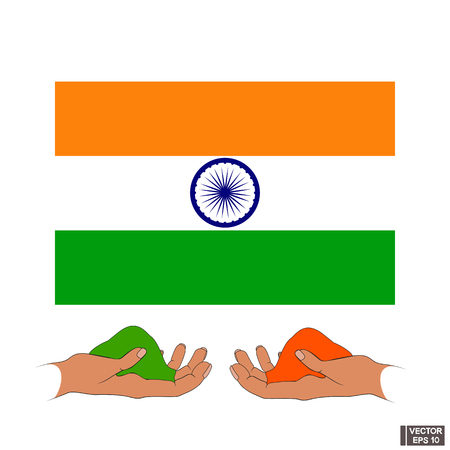 Vector image. Icon - the symbols of India. Hold in the palms of paint and spices on the background of the flag of India.のイラスト素材