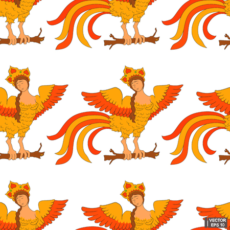 Vector image. Seamless pattern with a mythical woman syrin bird. The Gamayun bird.のイラスト素材