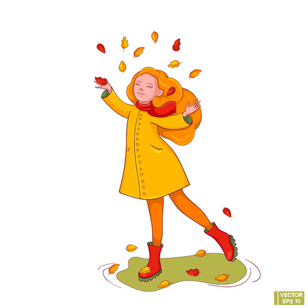 Vector illustration. Girl throws up autumn leaves. Child happy autumn.のイラスト素材
