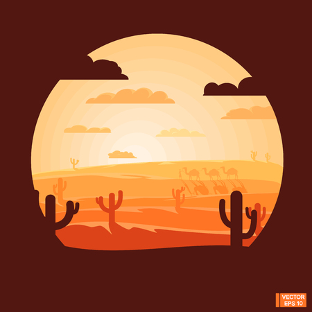Vector illustration. Flat design, negative space. Caravan of camels on a desert background. Dry desert under sun.のイラスト素材