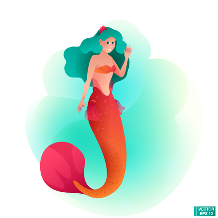 Vector image. Cartoon character, a beautiful mermaid with a red tail and green hair waving his hand.のイラスト素材