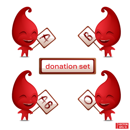 Vector cartoon blood drop character holding a sign. Blood type or blood group.のイラスト素材