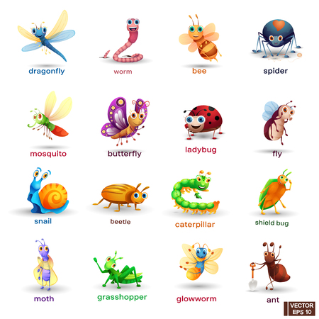 Vector big set of cute icons cartoon insects characters.のイラスト素材