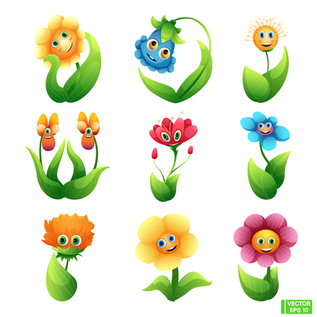 Vector set of cartoon character cute bright flower smiling.のイラスト素材