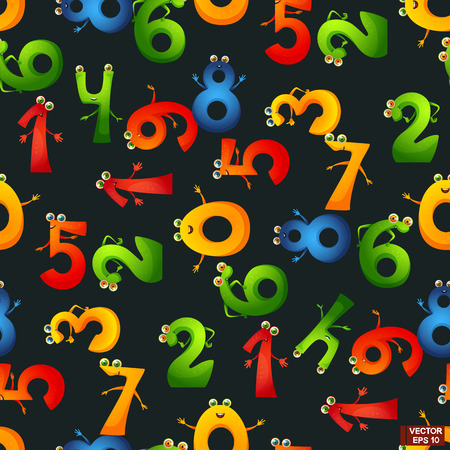 Vector happy cartoon characters numbers of smiling digits with waving hands. Seamless pattern of funny numbers. School life and mathematics.のイラスト素材