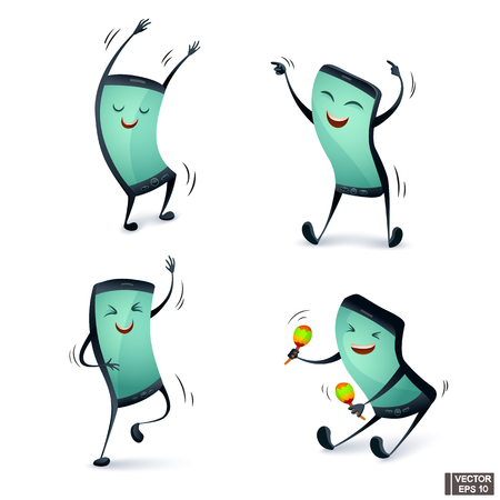 Vector image. Set of funny cartoon phones with. Characters phones happily dancing.のイラスト素材