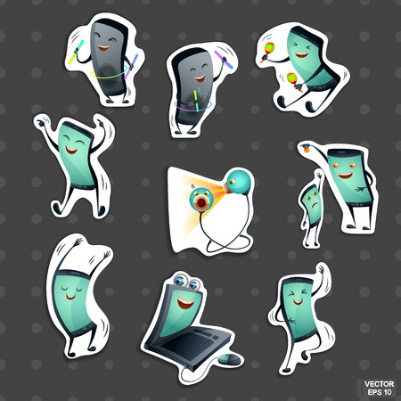 Vector image. Electronics stickers set. Cartoon characters funny phones, headphones, speakers and a laptop.のイラスト素材