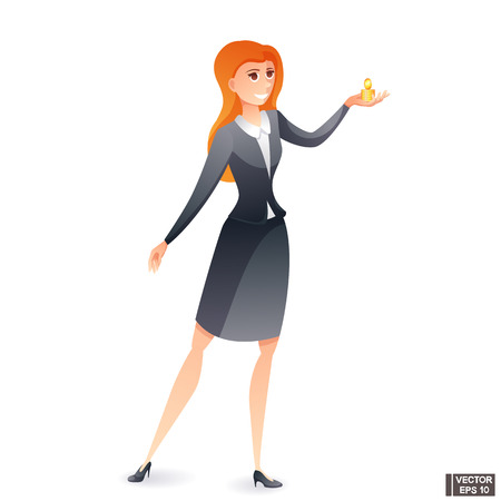 Vector image. A woman in a business suit is holding coins. Profit, earnings.のイラスト素材