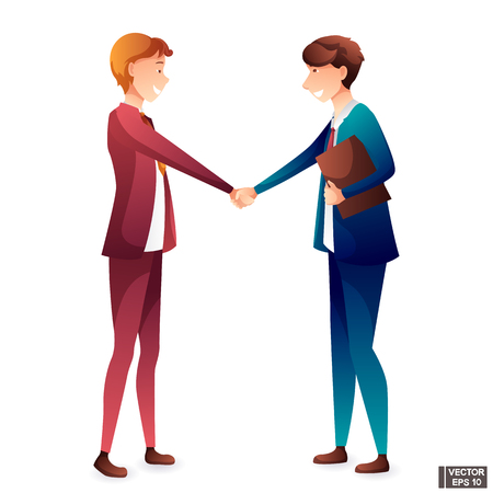 Vector set of business people team. Men in business suits shake hands. Conclusion deal, greeting, cooperation.のイラスト素材