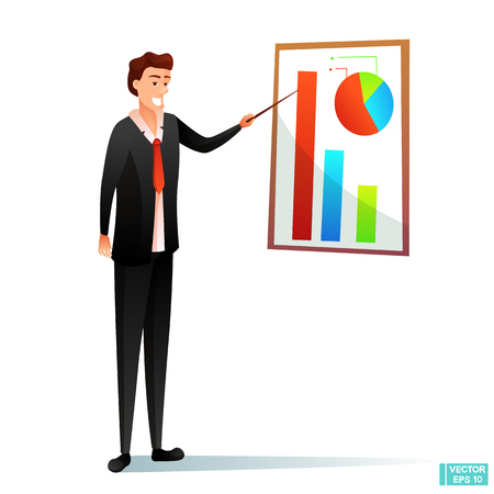 Vector business of cartoon character people. A man in a business suit points to a graph.のイラスト素材