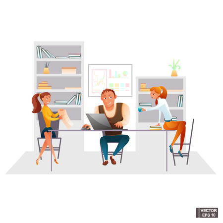 Vector image. A team of cartoon character office workers discuss something fun. Men and women in the meeting.のイラスト素材
