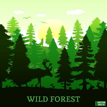 Vector Image Wild Nature Silhouette Of A Coniferous Forest With