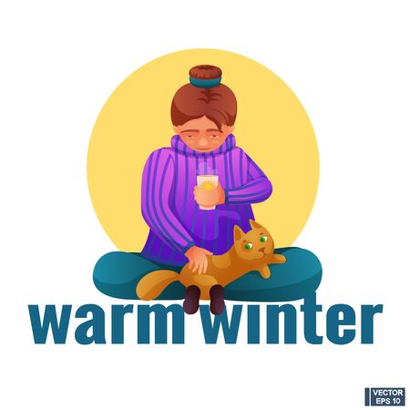 Girl in a warm sweater with a mug in her hands.のイラスト素材