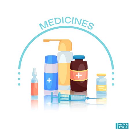 Vector illustration in flat style. Medicine concept. Pharmacy banner. Bottle, pill, first aid kit. Pharmacy and healthcare. Syringe for injection.のイラスト素材