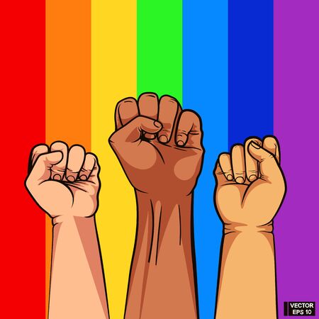 Vector illustration. Fist of different color of skin on rainbow background. Gay Pride. LGBT concept.のイラスト素材
