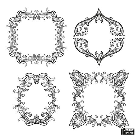 Vector image. Set of frame baroque engraved floral scroll. Black and white victorian border ornament. Filigree vintage calligraphic elements for design.のイラスト素材