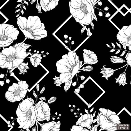 Vector illustration. Seamless pattern with blooming meadow flowers and geometric figures on black background.のイラスト素材