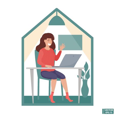Vector illustration. Cartoon character woman communicates online. Keep calm and stay home. Quarantine motivational poster.のイラスト素材