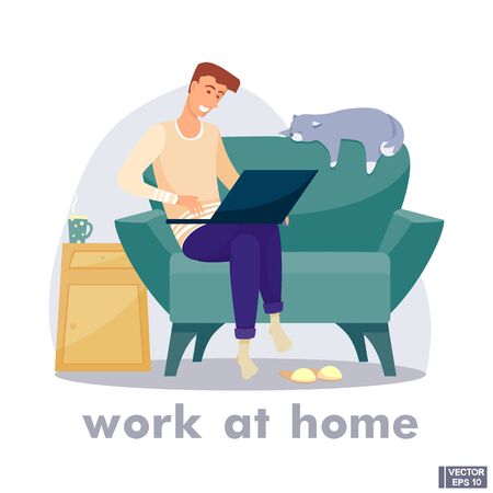 Vector illustration. Cartoon character man working at home. Adults and cat stay at home. Keep calm and stay home. Quarantine motivational poster.のイラスト素材