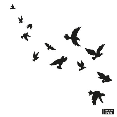 Vector illustration. Set of black silhouette of flying birds. Flock of pigeon.のイラスト素材