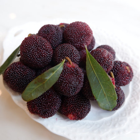 Myrica rubra is also called yangmei, yamamomo, Chinese bayberry, Japanese bayberry, red bayberry, yumberry, waxberry, or Chinese strawberry.の写真素材