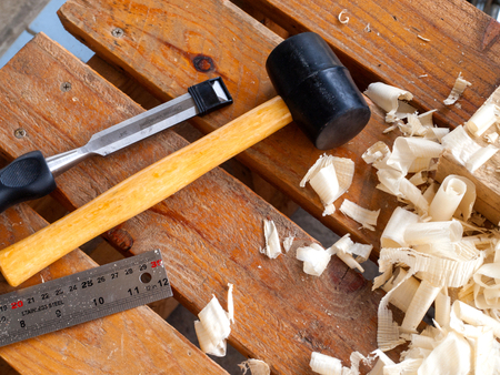 Carpenter work tools, rubber mallet, wood, chisel, ruler